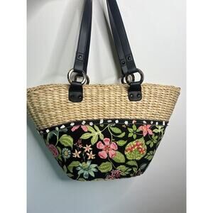 Vera Bradley Botanica Print Beach Tote Bag Natural Woven Straw Sea Shell Trim